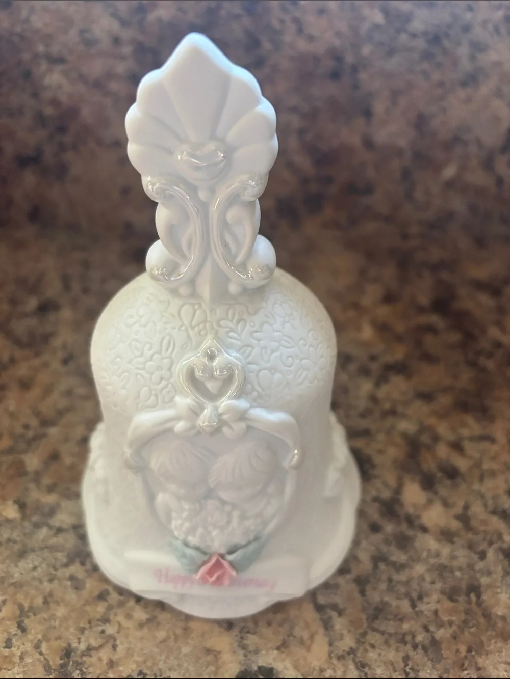 Vintage Happy Anniversary White Decorative Porcelain Bell with Floral Accent